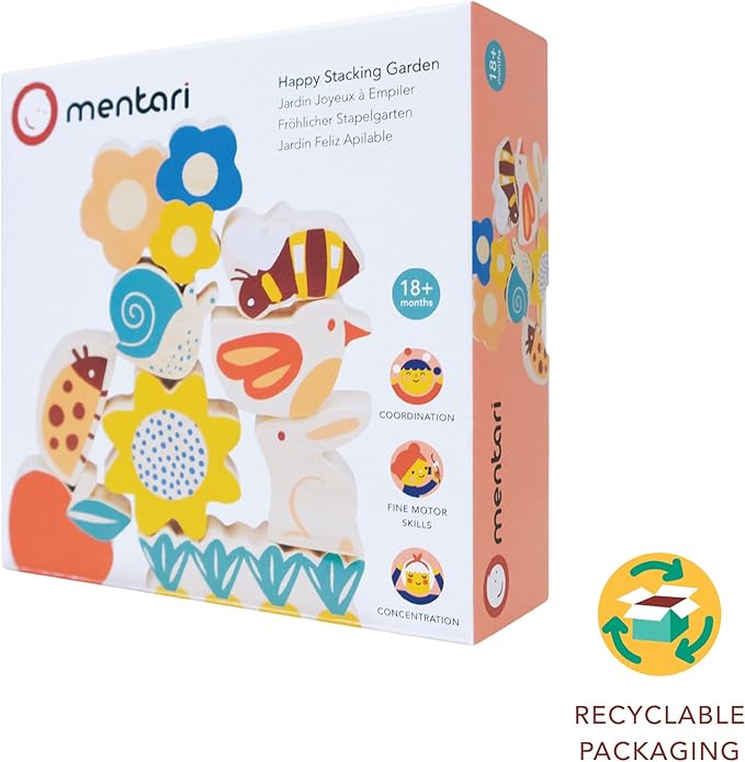 Mentari Toys - Happy Stacking Garden - 9 Wooden Nature Theme Pieces Stacking Toy - Boost Fine Motor Skills and Dexterity - Age 18 Months+