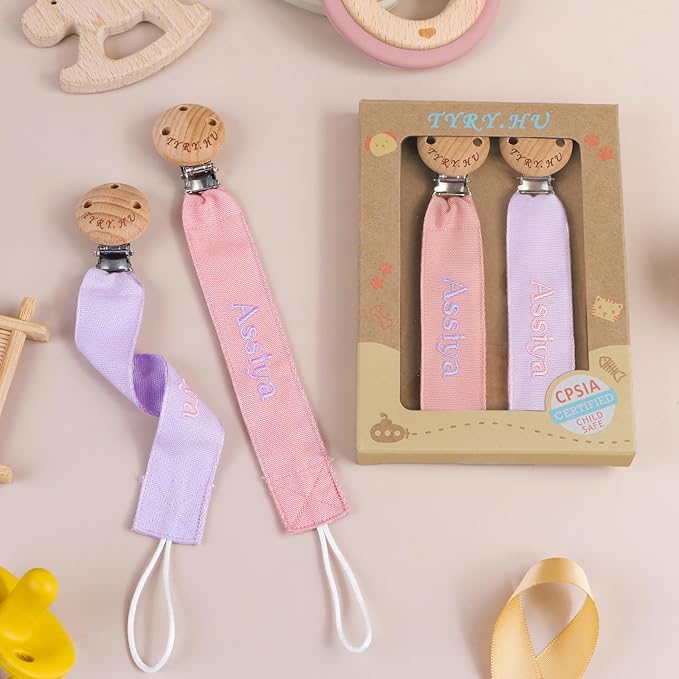 TYRY.HU Personalized Pacifier Clip with Name, Embroidery Pacifier Holder for Baby Girls and Boys, Neutral Binky Clips Universally Fit All Pacifiers & Baby Toys, Baby Gift, 2 Pack(Pink,Purple)