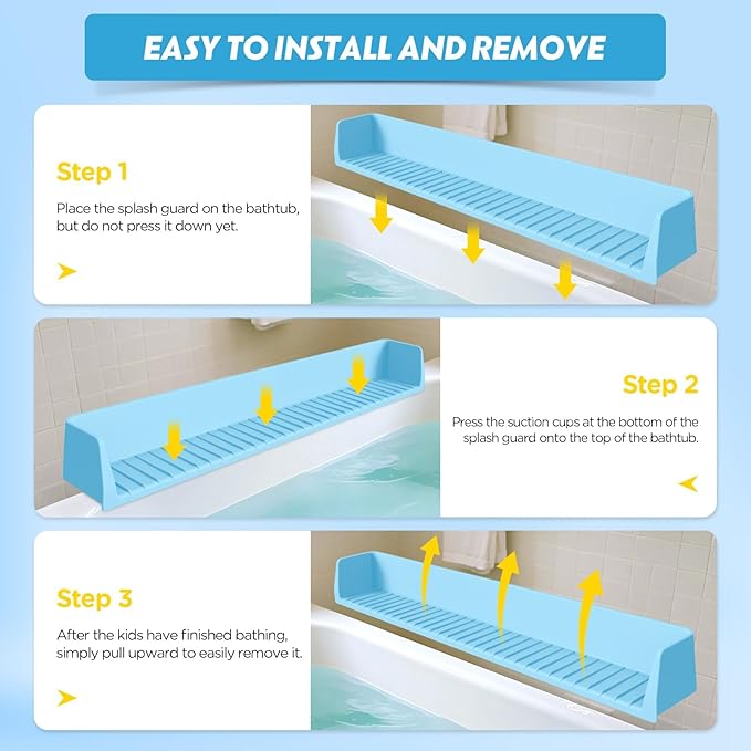 Silicone Bathtub Water Guard for Kids, Longer Play Tub Shelf with 11 Suction Cups, Toy Tray Caddy Holder Attaches to Bathtub Ledge, Prevents Water Spills in Bathroom, Fun Bath Time Storage (Baby Blue)
