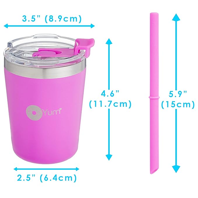 PopYum 9oz Insulated Stainless Steel Kids’ Cups with Lid and Straw, 2-Pack, Purple, Pink, stackable, sippy, baby, child, toddler, tumbler, double wall, vacuum, leak proof