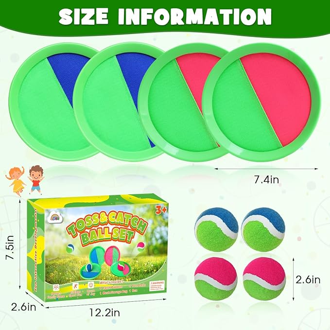 ZMLM Toss Catch Ball Beach Toy: Upgraded Kid Outdoor Game Pool Backyard Lawn Sport Activity Fun Outside Indoor Family Set for Age 3-12 Girl Boy Kid Birthday Summer Gift with 4 Paddles 4 Throw Balls