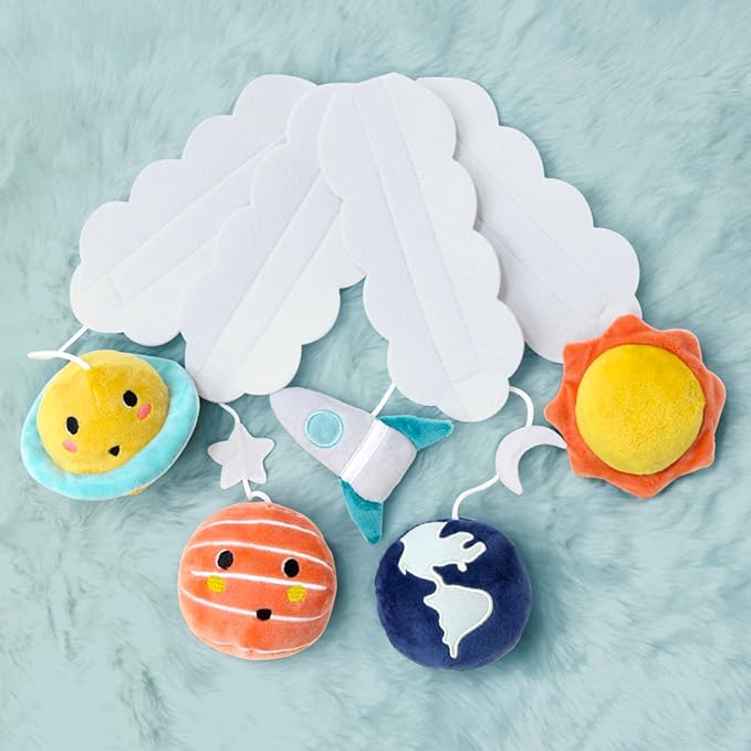 The Peanutshell Crib Mobile for Boys or Girls - White and Dark Blue Musical Baby Crib Mobile with 12 Lullabies, Planets Baby Spectacular Space Nursery Decor