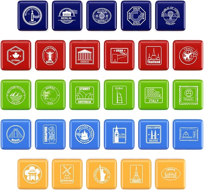28 Pcs Passport Stamps for Kids with Storage Box – City and Country Rubber Stamp Set for Learning, Travel Theme, Arts and Crafts, Scrapbooking, Classroom Activities