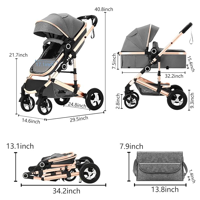 Kinder King 2 in 1 Convertible Baby Stroller, Folding High Landscape Infant Carriage, Newborn Reversible Pram, Adjustable Canopy, Diaper Bag, Anti-Shock Toddler Pushchair Stroller, Gold