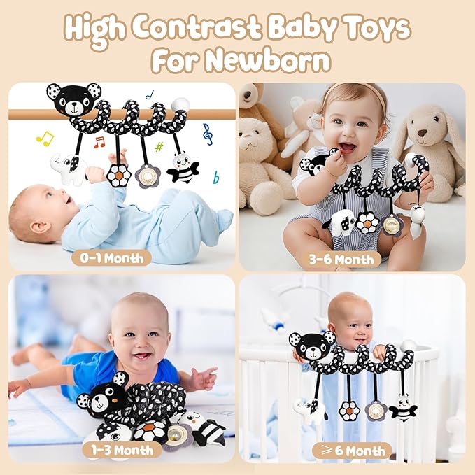 TSYAN Car Seat Toys for Babies 0-6 Months,Hanging Rattle Toys for Crib Mobile, Baby Spiral Hanging Stroller Black and White High Contrast Toys for Newborn 0 3 6 9 12 Months Baby Boys Girls (Bear)