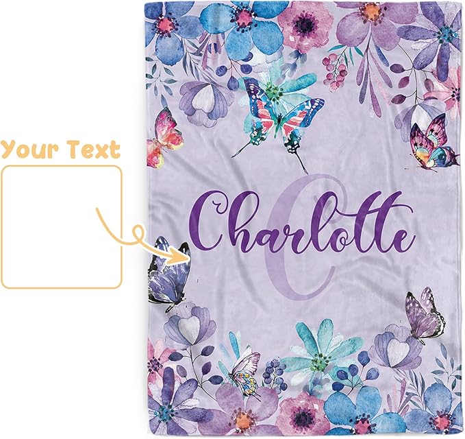 Personalized Baby Blanket, Custom Name Baby Blanket for Girl Boy, Purple Butterfly Double Layer Dotted Backing Receiving Swaddle Blankets, Toddlers Infants New Parents Customized Gifts(60"x80")