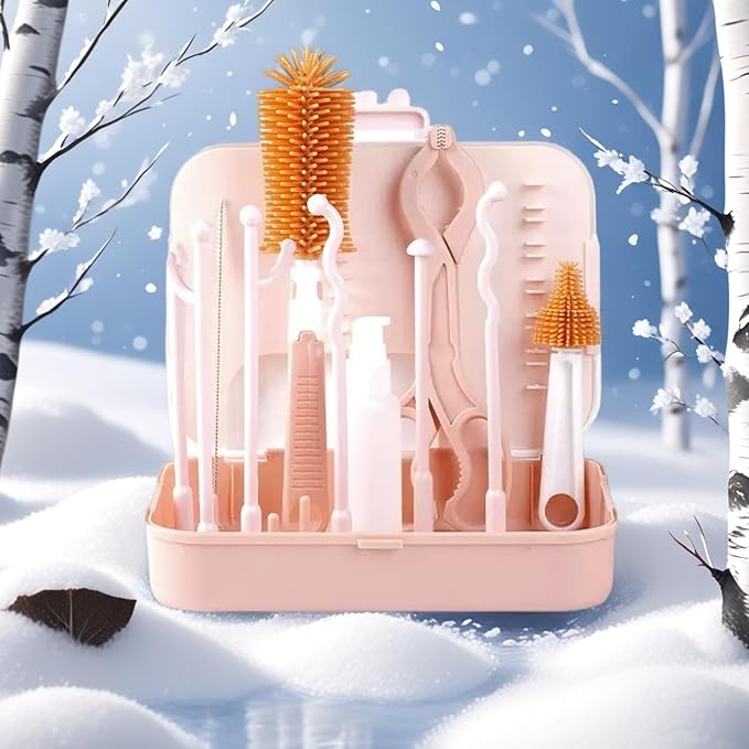 7-in-1 Baby Bottle Cleaner Set with Storage Case & Drying Rack, Nylon & Silicone Brushes for Cap, Straw & Nipple, BPA-Free, Keep Everything Clean & Organized ( Pink )