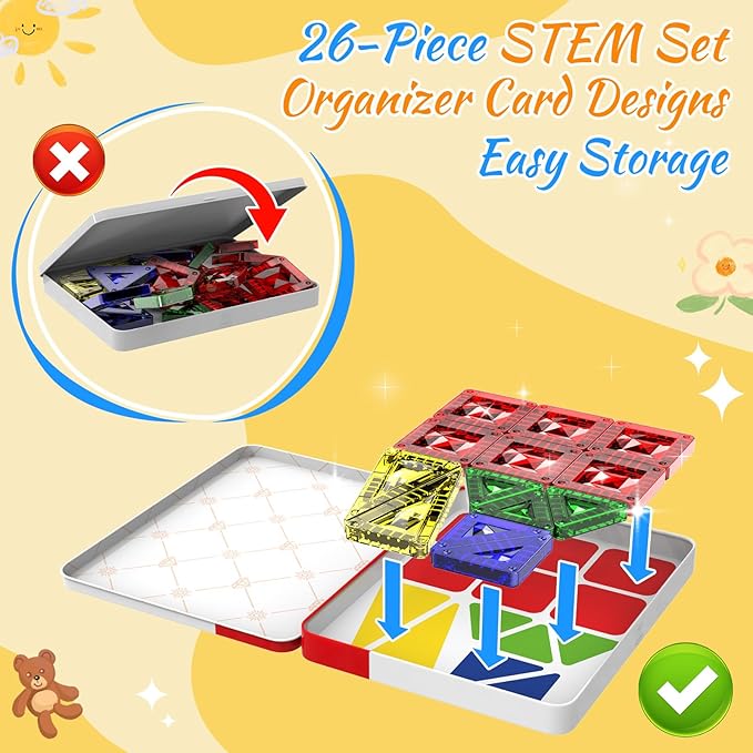 Mini Magnetic Tiles for Kids Ages 3-8, Travel Magnetic Building Blocks with Metal Storage Box, STEM Educational Toys, Montessori Sensory Learning Toys for Toddlers, Boys & Girls Gift