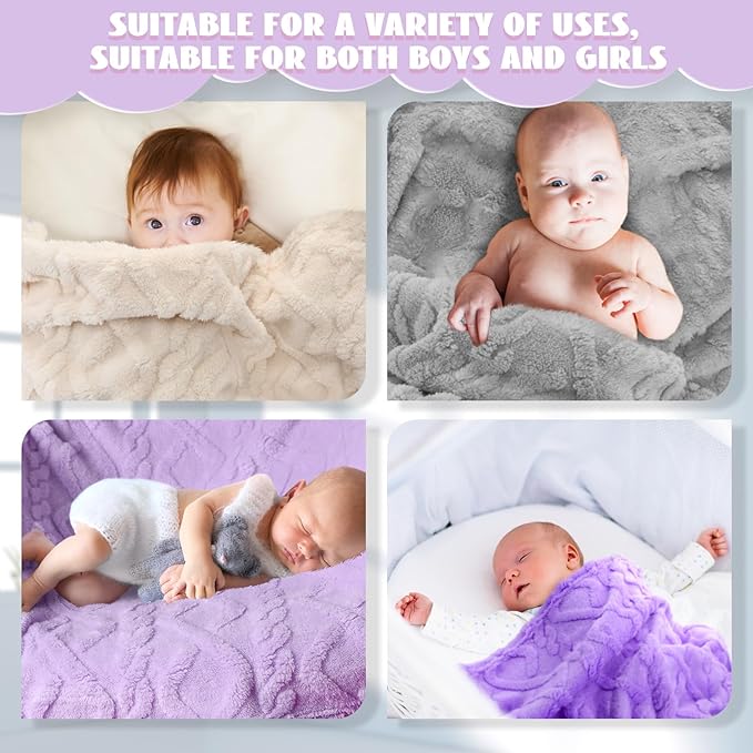 VitalCozy 4 Pcs Fluffy Baby Blanket Fleece 30" x 40" 3D for Boys Nursery Little Girl Infant or Newborn Receiving Swaddling Blankets(Purple Set)