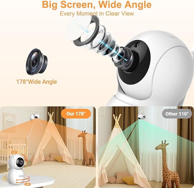 Baby Monitor with Camera and Audio, 6'' IPS Screen with 30-Hour Battery, Baby Monitor No WiFi Night Vision, ECO, 2-Way Audio, Pan-Tilt-Zoom, Baby Camera Monitor with 1000ft Range, Ideal Gift