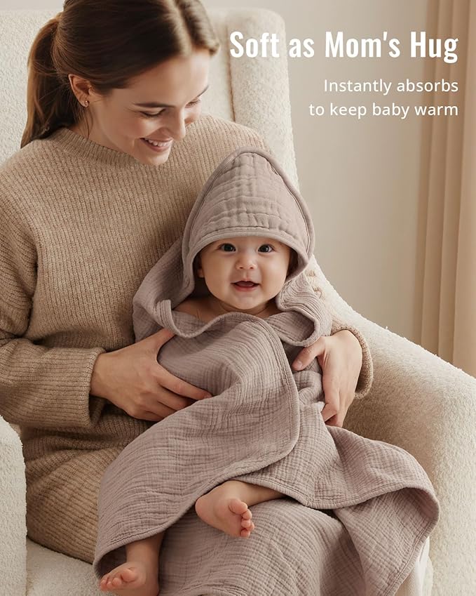 Blissful Diary Muslin Baby Hooded Towel 2 Pack, Soft & Absorbent Bath Towel for Infant, Toddler, Baby Gift, Newborn Essentials, Roman Green & Sand