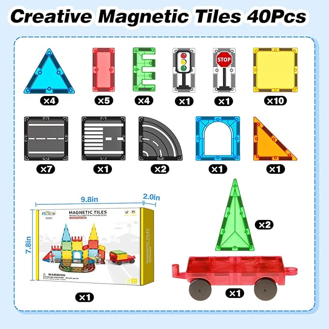 Magnetic Tiles Road Sets with Car, Magnetic Building Blocks Toys for 3+ Year Old Boys Girls, Montessori Magnet Kids Toys, Construction Toys for Ages 3 4 5 6 7 8 Christmas Birthday Gifts for Toddlers