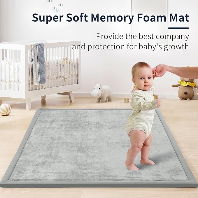 ACOMOPACK Baby Play Mat for Floor 1.3" Thick Memory Foam Play Mat 79"×118" Tummy Time Crawling with Non-Slip Bottom for Living Room,Nursery,Soft Velvet Playpen Mats for Kids,Infants(Light Grey)