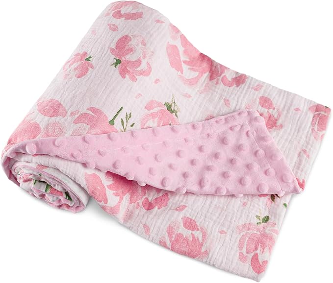 GLLQUEN BABY Blankets for Unisex Boys Girls, 2-Pack Muslin Cotton Front Soft and Breathable,and Dotted Fleece Backing, Printed Bed Nursery Minky Blankets for Newborn, Pink Flower,30 x40 inches