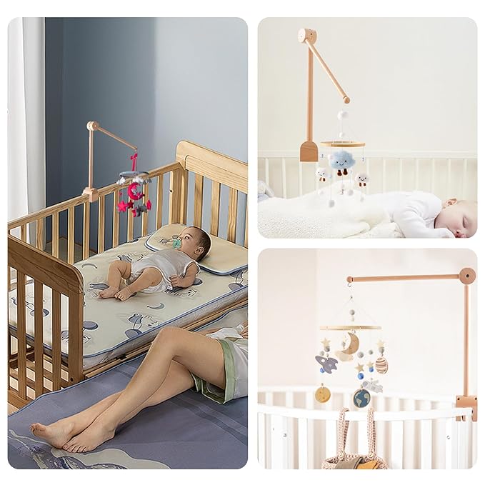 Natural Wooden Crib Mobile Arm - 360° Adjustable Mobile Arm for Crib, Sturdy Mobile Holder for Crib with Anti-Slip Design, Safe Mobile Hanger for Crib Attachment, Nursery Decor for Baby Boy & Girl