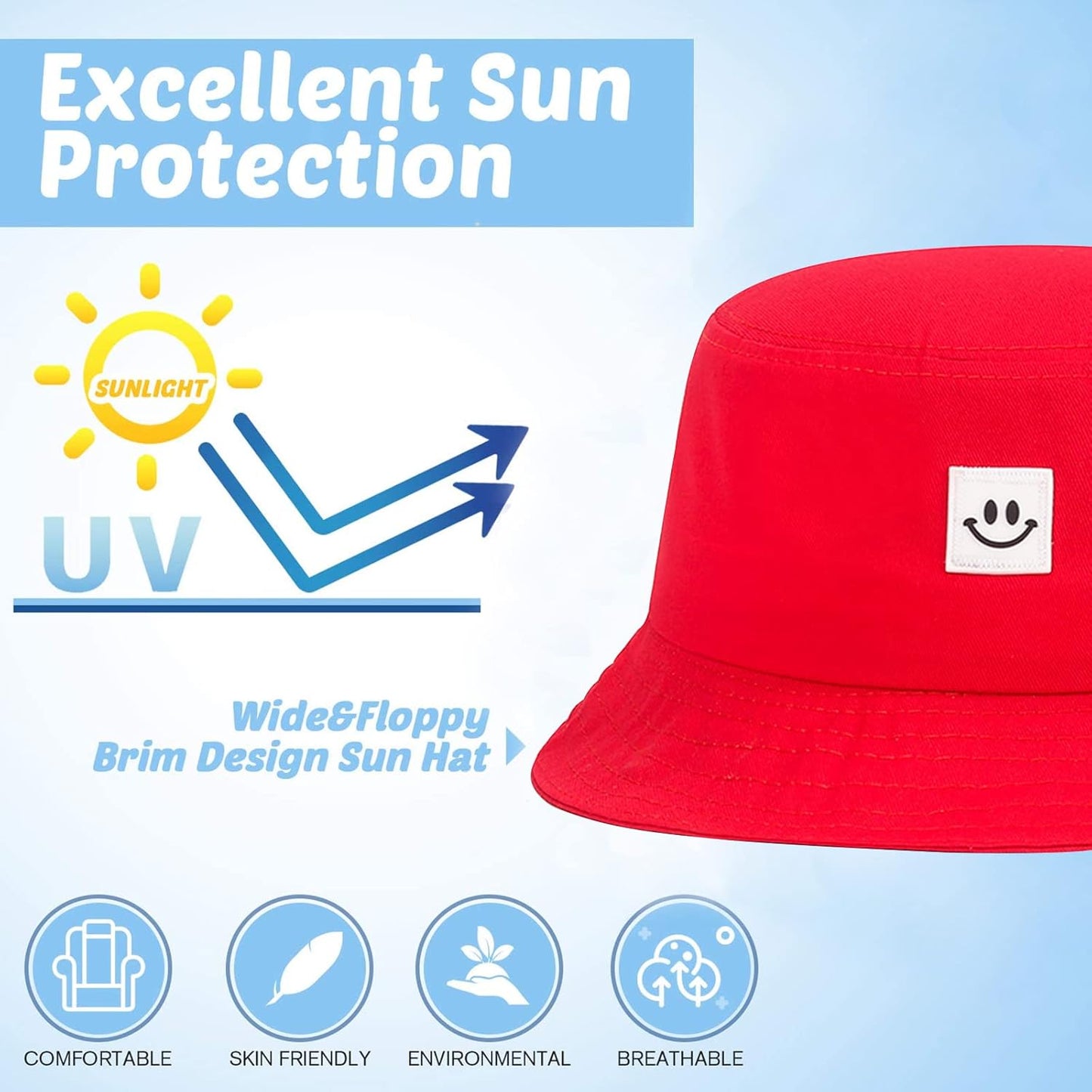 Kids Sun Hat Smile Face Bucket Hat for Girls Boys Summer Sun Protection Cotton Unisex Beach Cap