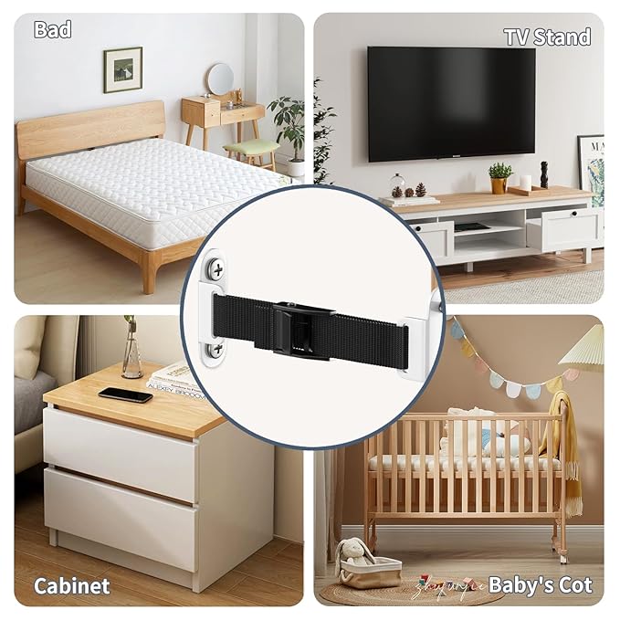 Furniture Anchors(2 Sets)for Baby Proofing Removable Anti Tip Furniture Anchors Adjustable Furniture Wall Anchor Earthquake Straps for Furniture for Child & Pet Protection (White)