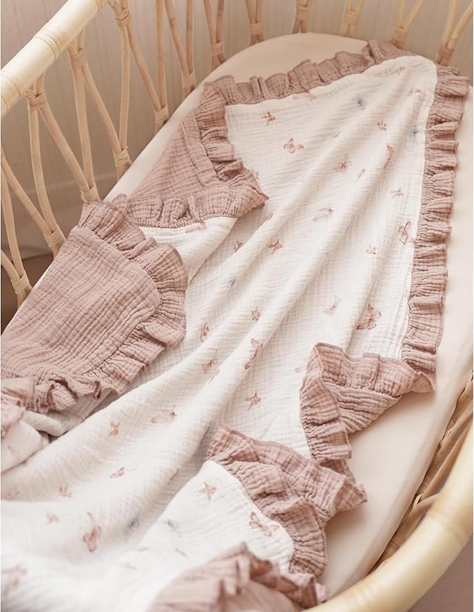 Konssy Flounce Muslin Baby Blankets, Cotton Crib Blanket for Baby Infant Toddler, Super Soft and Lightweight Nursery Blankets 40"x36" (Butterfly Dreams)