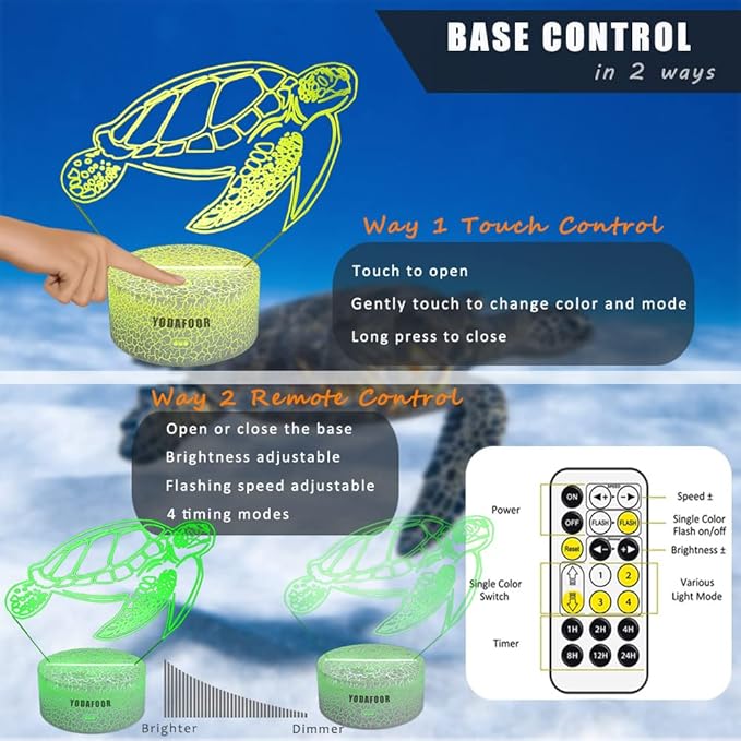 Ocean Sea Turtle Night Light, 3D Illusion Turtle Night Lamp for Kids Room, Multi Color Changing with Timing Remote, Sea Turtle Bedroom Decor for Boy Girl, Gifts for Teen Kid