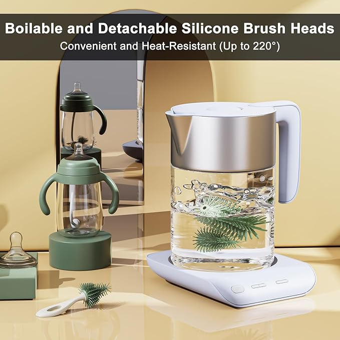 Silicone Bottle Brush Set with Stand, 360° Rotating Bottle Cleaning Brush Cleaner Set, Long Handle 3 in 1 Multipurpose Silicone Baby Bottle Straw Cleaner Brush (Green)