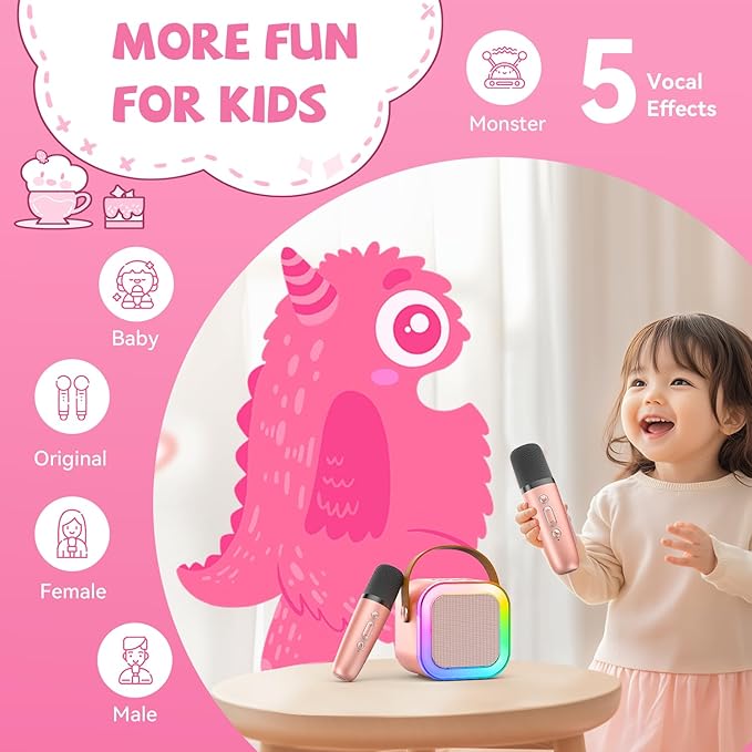 【2025 Newest】 Mini Karaoke Machine for Kids Girls & Boys - Portable Bluetooth Speaker with 2 Wireless Microphones - Kids Birthday Gifts for Ages 4-10 - Kids' Instrument Accessories - Rose Gold