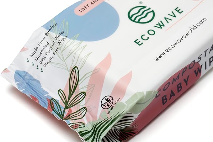 Eco Wave Baby Wipes, 100% Compostable Eco-Friendly Bamboo Wipes, Unscented, Hypoallergenic, Vegan, Alcohol-Free, Suitable For Sensitive Skin (Pack of 12)