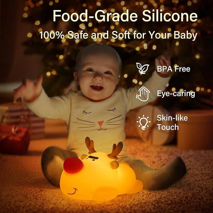 Reindeer Night Light, Timer Night Light, Soft Silicone Light, Christmas Birthday Gift Night Lamp, Gift Nightlight for Girls & Kids, Room Decor