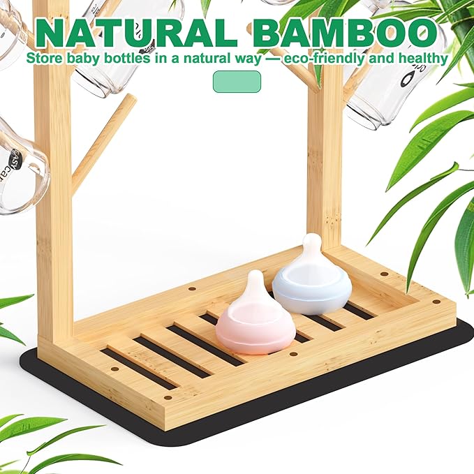 Baby Bottle Drying Rack, Vertical Bamboo Bottle Dryer Holder with Water Absorbent Pad, Space Saving Baby Bottle Organizer for Baby Bottles, Pump Part & Accessories(Natural, 12 Bottles)