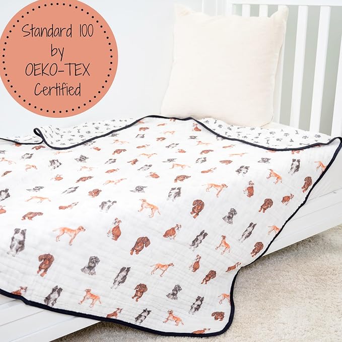 LollyBanks Muslin Baby Blanket 100% Organic Cotton, Muslin Quilt Lightweight, 6 Layers Baby Blankets 47"x 47", Toddler Blanket for Boy and Girl, Nursery Receiving Blankets (Puppies Print)