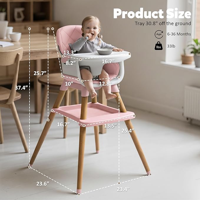 8 in 1 Wooden High Chairs for Babies Toddlers, Convertible to Booster Seat, Baby Feeding Highchair w/ 5-Point Safety Harness, Removable Tray & Cushion, Pink