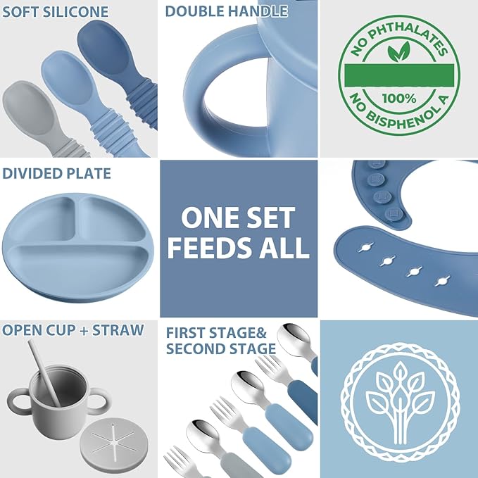Yinder 24 Pack Silicone Baby Feeding Set Baby LED Weaning Supplies Includes Suction Divided Plates Soft Bowl Spoons Forks Adjustable Bib Snack Cup and Straws(Dark Blue, Gray Blue, Smoky Gray)