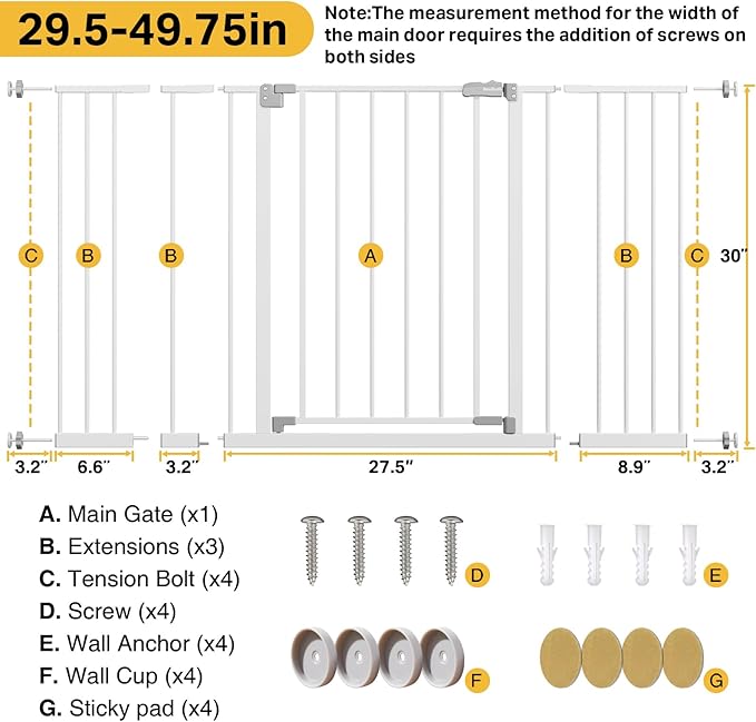 InnoTruth 29.5–49.75" Extra Wide Baby Gate for Stairs, 30" Tall Walk Through Dog Gate for Stairs & Doorways, Pressure-Mounted Safety Gate for Pets & Kids, Dual Lock & 2-Way Swing, White