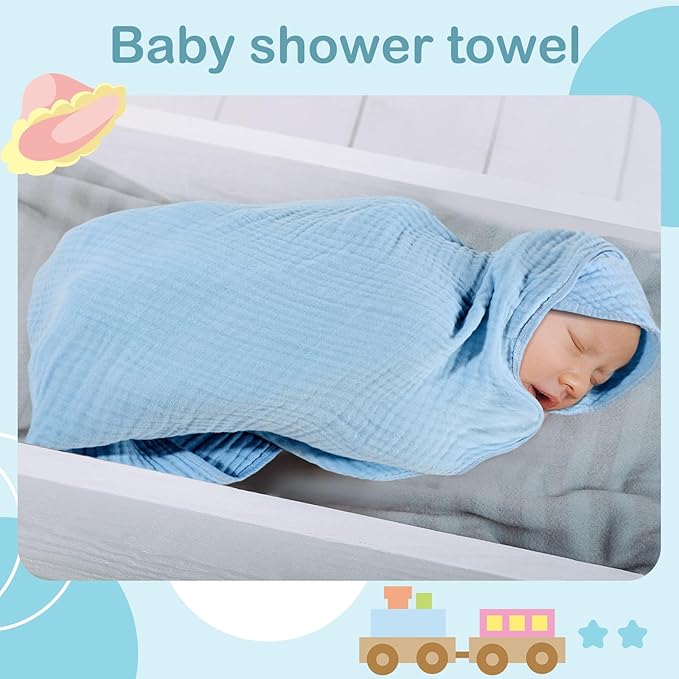 Peryiter 6 Pcs Muslin Hooded Baby Towels, 32"x 32" Cotton Newborn Bath Towel Muslin Infant Baby Blankets Absorbent Unisex Newborn Registry Gift Essentials for Girls Boys (Blue)