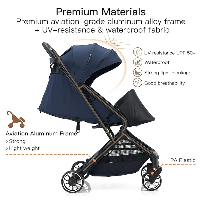 Compact Fold Baby Stroller, Lightweight Travel Toddler Stroller with One-Click Fold, Extendable UPF50+ Canopy, Cup Holder, UV Protected and Waterproof, One-Hand Folding - Blue