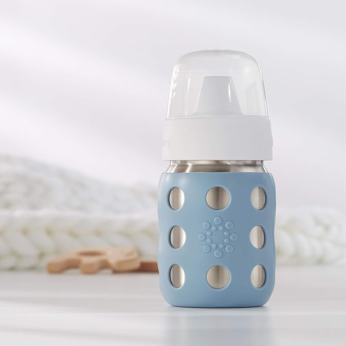 Lifefactory 8-Ounce Stainless-Steel Vacuum-Insulated Wide-Neck Baby Bottle with Hard Sippy, Denim, LS2221WDE4