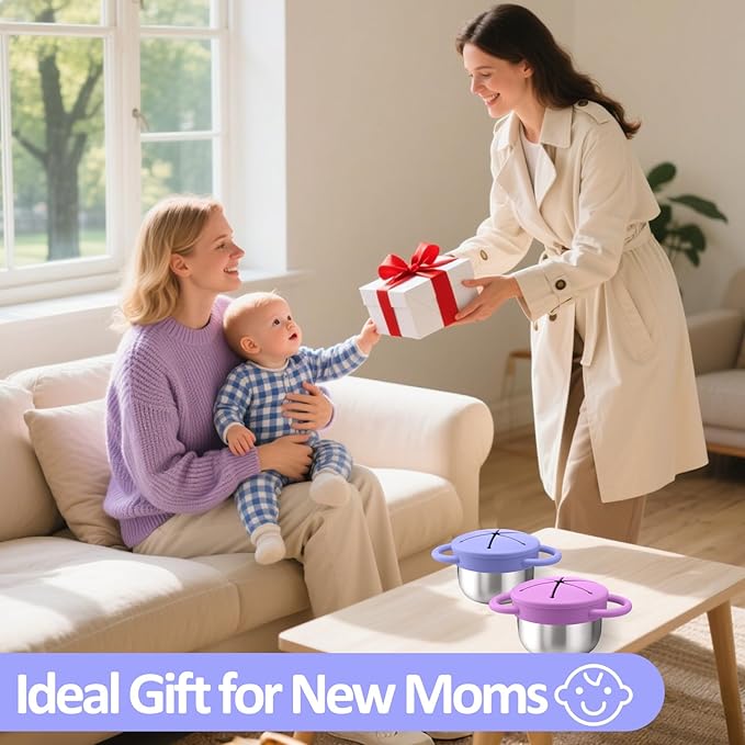 BUSOHA 2 Pack Stainless Steel Toddler Snack Cups - 9 OZ Spill-Proof Baby Snack Containers with Lid Travel Snack Containers for Kids Food Grade Silicone Dishwasher Safe