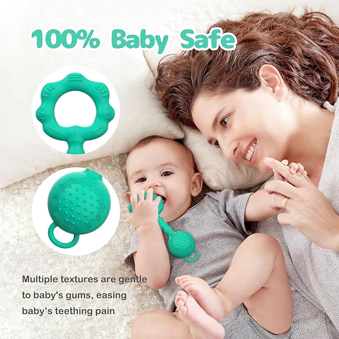 2 Pcs Baby Rattle Teether, 2-in-1 Rattle and Teether Toy for Soothing Sore Gums and Keeps Little Ones Entertained, Food Grade Silicone (Spearmint+Pink)