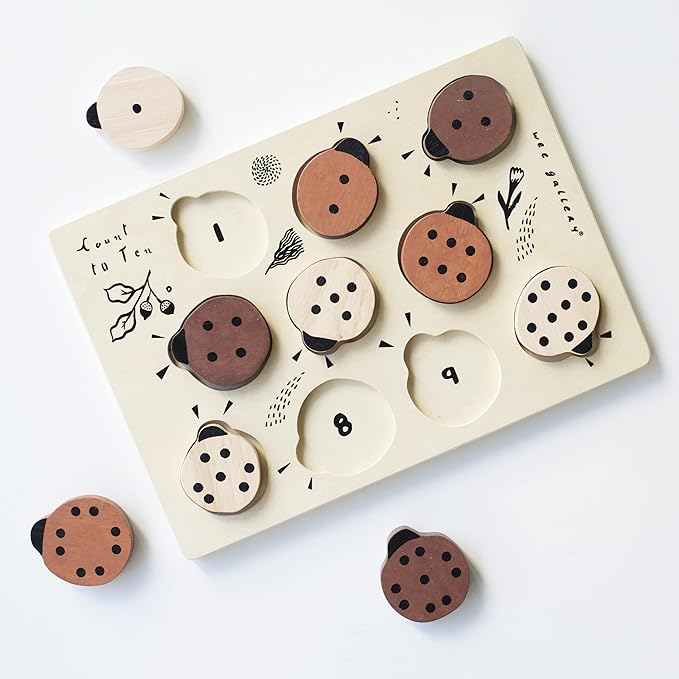 Wee Gallery Wooden Tray Puzzle Count to Ten Ladybugs, Montessori Toy for Toddlers and Preschoolers for Early Learning and Fine Motor Skill Development, Sustainable Educational Puzzle for Kids