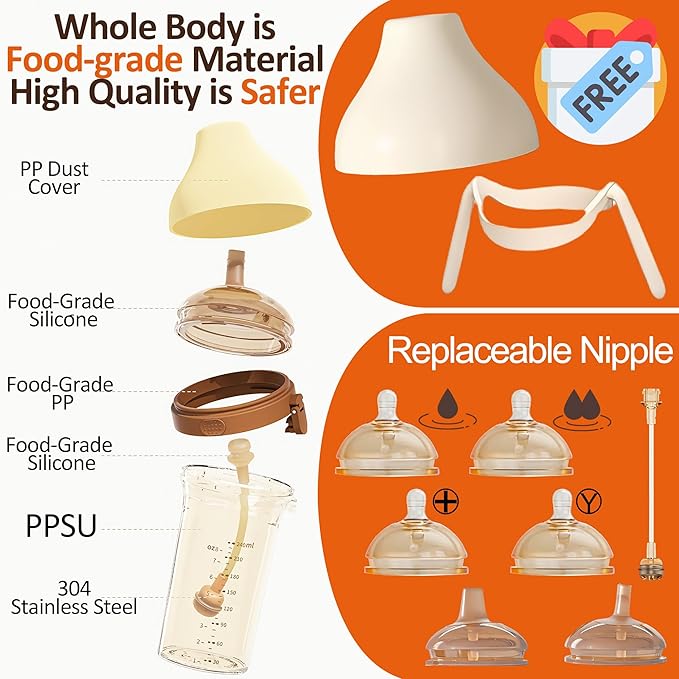 PPSU Baby Bottle, Bottles for Breastfed Babies with Handles and Straw, Flip-top Anti-Colic Baby Bottles 8oz/240mL 10+ Months