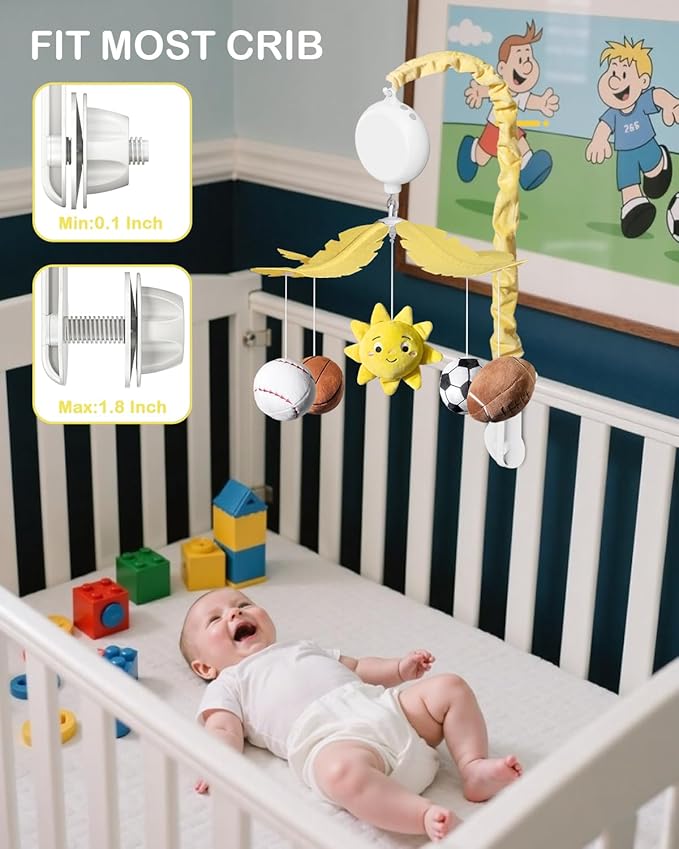 FEISIKE Baby Crib Mobile with 35 Lullabies, 3 Modes Rotation & Music, Soother Toy Adjustable Volume, Sport-Themed Nursery Decor Musical Mobile for Crib or Bassinet