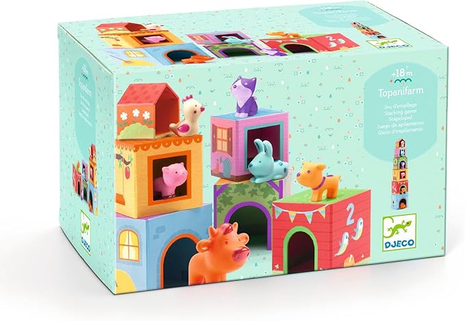 DJECO - Topanifarm Blocks - Build a Farm, Wooden Blocks & Animal Toys - Sorting & Stacking - Enhances Fine Motor Skills - Durable Playtime - Cute Design - Preschool Kids 18+ Months