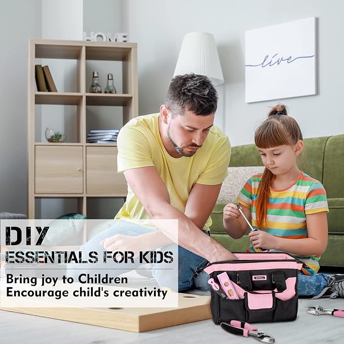 SHALL 26-Piece Kids Size Tool Set, Pink Real Tools for Kids with 12" Tool Bag, Safety Certified Children Learning Tool Kit with Hand Tools for Boys & Girls Age 6+, DIY Building, Woodwork, Construction