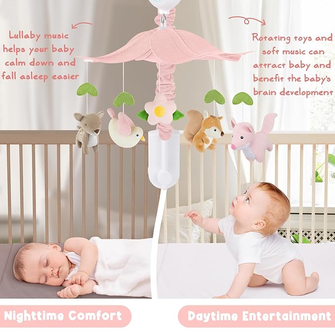 Woodland Crib Mobile for Girls – Cute Animals Baby Mobile for Crib with Upgraded 3-Mode Music Box, Pink Nursery Mobiles, Fits Standard Cribs, Forest Nursery Decor