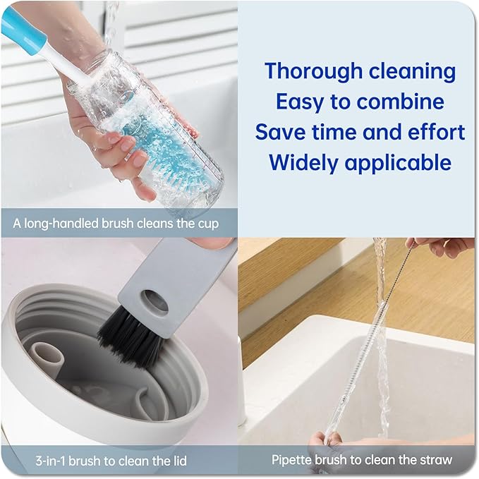 3 Pack Water Bottle Cleaner Brush Set - for Owala Cleaning Kit, Long Handle Silicone Bottle Brush Soft Touch No Scratch, Straw Cleaner Brush, 3 in 1 Multipurpose Cup Cleaner Kit for Owala Accessories