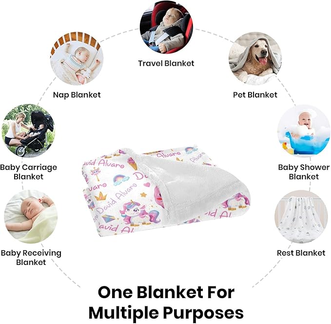 Ship Next Day Personalized Baby Blanket, Printed in USA - Custom Name Toddler Blanket with Rainbow Horse Pattern, Personalized