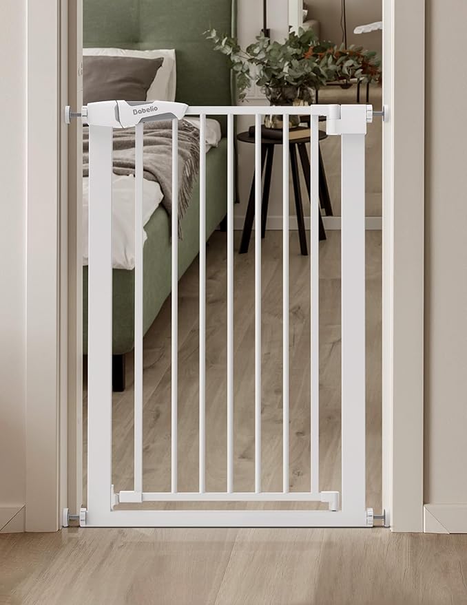 BABELIO 36" Tall Narrow Baby Gate, 26-28.5" Wide Auto-Close Metal Pet Gate for Small Stairs/Doorways/Hallways, Pressure/Hardware Mounted for Child and Pets, NO Extensions, White