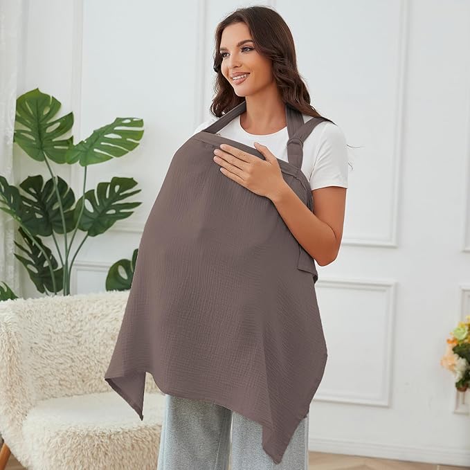 Muslin Nursing Cover for Baby Breastfeeding, Breathable 100% Cotton Breastfeeding Cover with Rigid Hoop for Mother Nursing Apron (Coffee)
