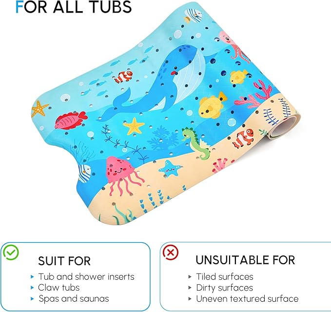 Vannokor Baby Bath Mat for Tub Non Slip Kids, 40 X 16 Inch Extra Long Bathtub Mat with Drain Holes and Suction Cups, Anti Slip Shower Mat Machine Washable, Whale