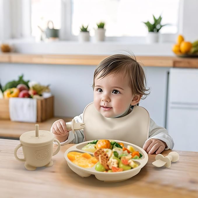 Baby Led Weaning Supplies, 8 Piece BPA-Free Silicone Feeding Set, Silicone Suction Bowl, Forks & Spoons, Bib & Cup, Develops Self Feeding Skills, Dishwasher Safe, for 6+ Months (Beige)