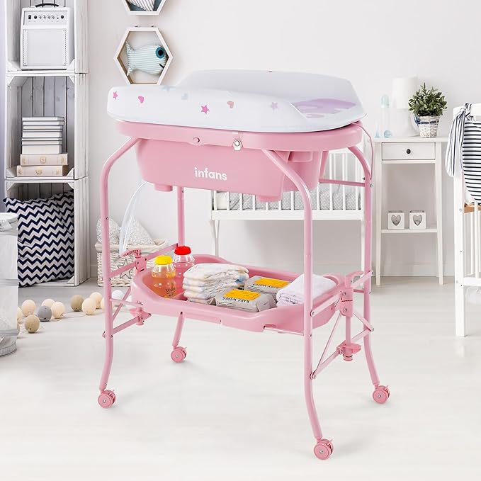 INFANS 2 in 1 Baby Changing Table with Bath Tub Unit, Folding Diaper Dresser Station with Wheels Waterproof Pad Storage Rack, Portable Nursery Organizer Stand for Newborn Infant
